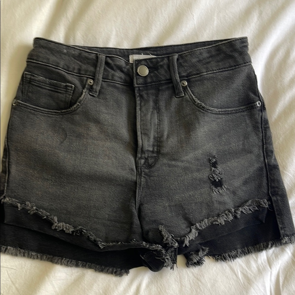 Good American Black Jean Shorts Distressed Frayed Hem